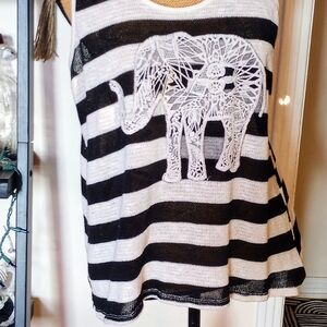 Black and White Striped Tank Top with Elephant Design